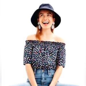 J. Crew Ratti Navy with Colored Polka Dots Off Shoulder Top Size 8 Whimsical​​​
